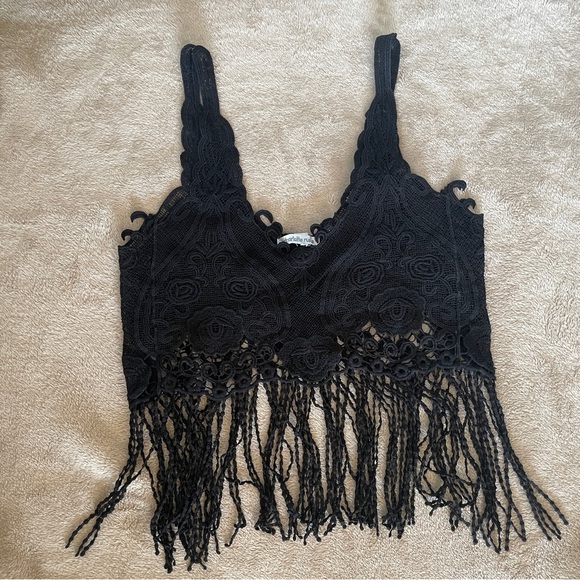 Charlotte Russe Tops - Black Lace crochet Fringe Crop Top